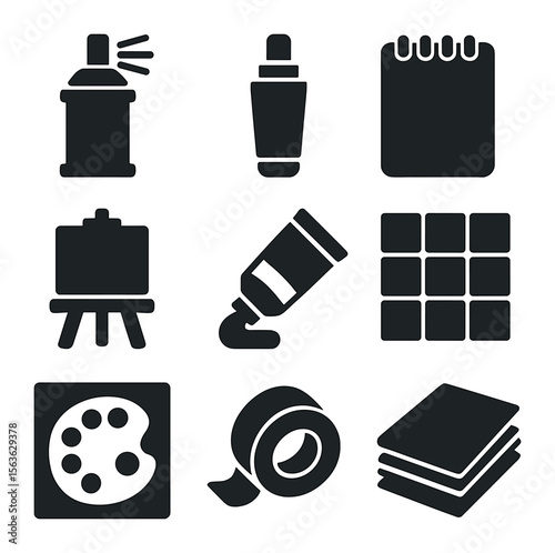 Artistic Expression Icons. Solid, filled icons set of artistic expression: spray can, marker pen, sketchpad,