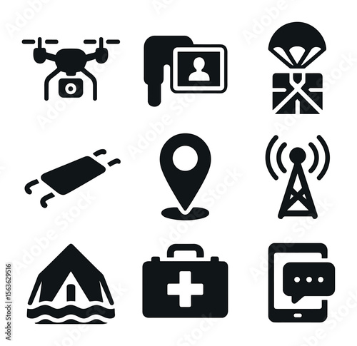 Drone Disaster Response Icons. Solid, filled icons set of drone-assisted disaster response: quadcopter drone,