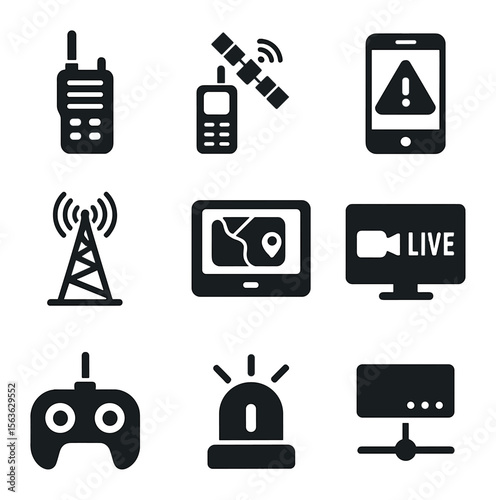 Communication Tech Icons. Solid, filled icons set of communication and coordination tech: walkie-talkie,