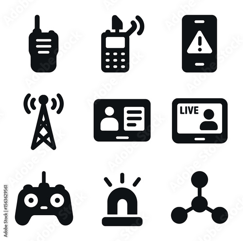 Communication Tech Icons. Solid, filled icons set of communication and coordination tech: walkie-talkie,