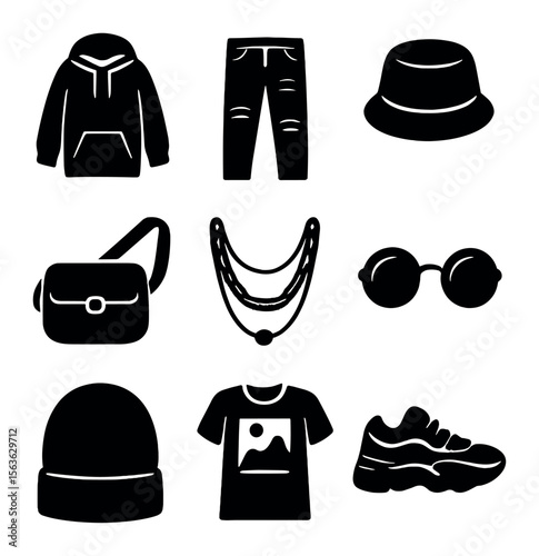 Street Style Icons. Solid, filled icons set of modern street style essentials: oversized hoodie, ripped jeans,
