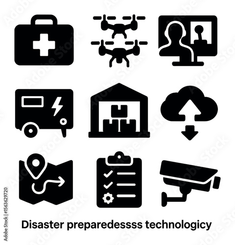 Disaster Preparedness Icons. Solid, filled icons set of disaster preparedness technology: emergency kit, drone
