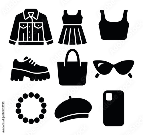 Chic Street Style Icons. Solid, filled icons set of casual chic street outfits: denim jacket, pleated skirt,