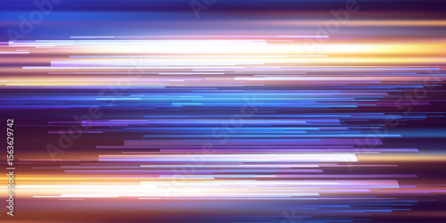 Acceleration speed motion on night road. Light and stripes moving fast over dark background. Abstract blue Illustration.