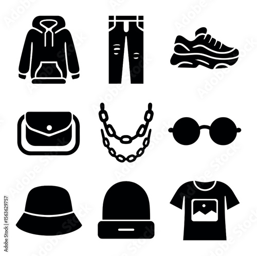 Street Style Icons. Solid, filled icons set of modern street style essentials: oversized hoodie, ripped jeans,
