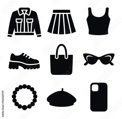 Chic Street Style Icons. Solid, filled icons set of casual chic street outfits: denim jacket, pleated skirt,