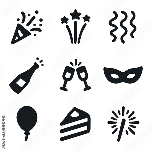 Celebration Icon Set. Solid, filled icons set of party celebration symbols: confetti popper, fireworks,