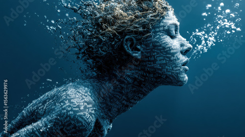 A surreal digital artwork of a human figure underwater, composed entirely of tangled words and fragmented text, symbolizing the emotional weight of mental overload and inner turmoil