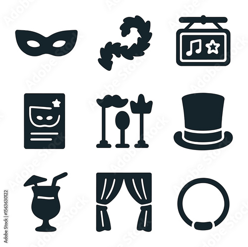 Nightlife Party Icons. Solid, filled icons set of themed nightlife parties: masquerade mask, feather boa, neon