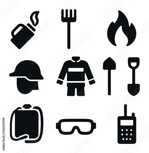 Controlled Burn Tools Icons. Solid, filled icons set of controlled burn tools: drip torch, fire rake, flame