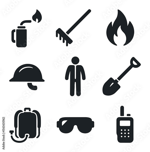 Controlled Burn Tools Icons. Solid, filled icons set of controlled burn tools: drip torch, fire rake, flame