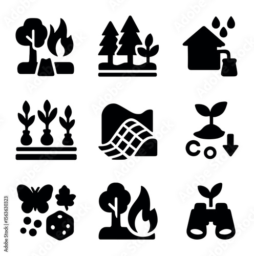 Climate Resilience Icons. Solid, filled icons set of climate resilience strategies: firebreak creation,