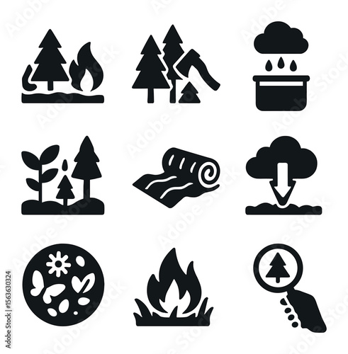 Climate Resilience Icons. Solid, filled icons set of climate resilience strategies: firebreak creation,