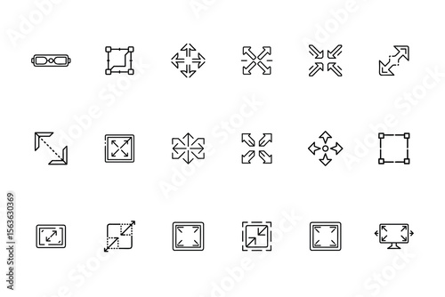 Set line art icons depicting arrows squares representing expansion resize functions