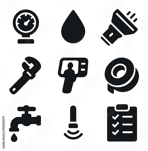 Leak Detection Icons. Solid, filled icons set of leak detection tools: pressure gauge, water droplet,