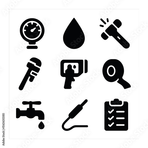 Leak Detection Icons. Solid, filled icons set of leak detection tools: pressure gauge, water droplet,
