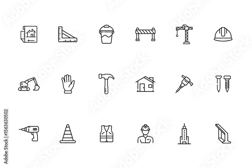 Line construction icons set featuring blueprint ruler bucket barrier crane hard hat excavator glove