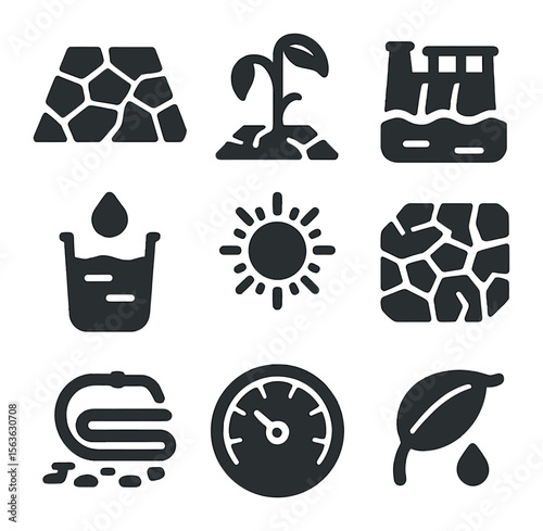 Drought Emergency Icons. Solid, filled icons set of drought emergencies: dried soil, withered plant, empty
