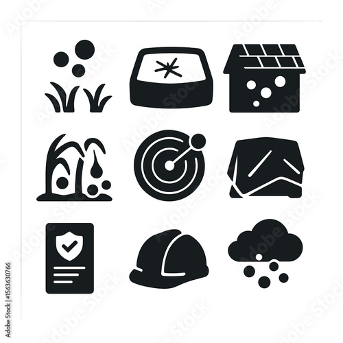 Hailstorm Damage Icons. Solid, filled icons set of hailstorm damage: falling hailstones, cracked windshield,