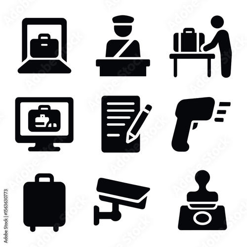 Customs Inspection Icons. Solid, filled icons set of customs inspection processes: luggage scanner, customs