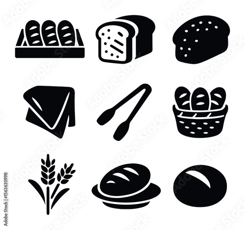 Rustic Bread Icons. Solid, filled icons set of rustic bread displays: wooden tray, sliced loaf, whole grain