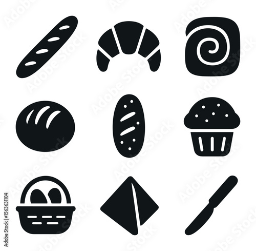 Bread and Pastry Icons. Solid, filled icons set of bread and pastry assortments: baguette, croissant, Danish