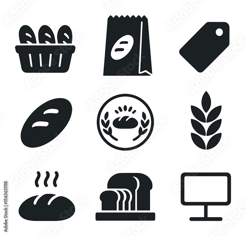 Bakery Icon Set. Solid, filled icons set of bakery counter essentials: display basket, paper bag, price tag,