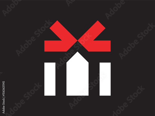 Geometric Minimalist Gift Box with Ribbon in Red and White on Black