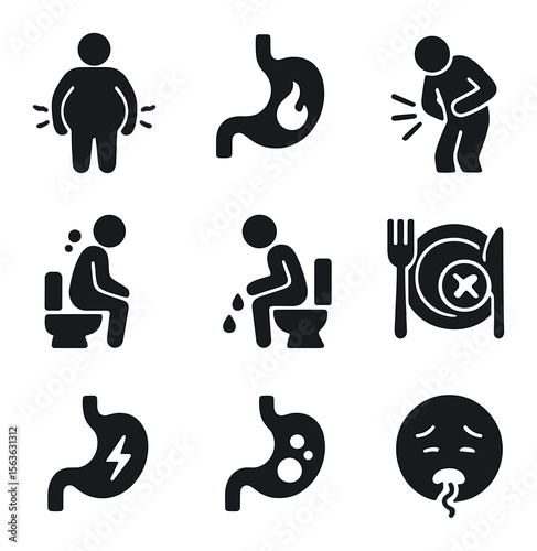 Digestive Disorders Icons. Solid, filled icons set of digestive disorders awareness: bloating icon, acid