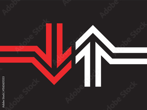 Modern Graphic Red and White Arrow Symbol Direction Icon on Black Background