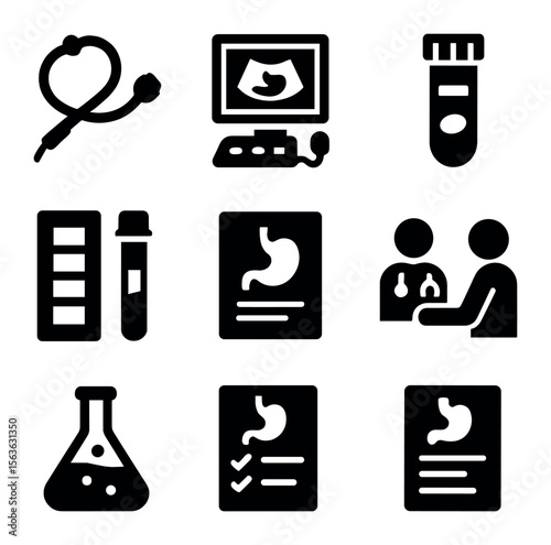Digestive Health Icons. Solid, filled icons set of digestive health diagnostics: endoscope, ultrasound machine