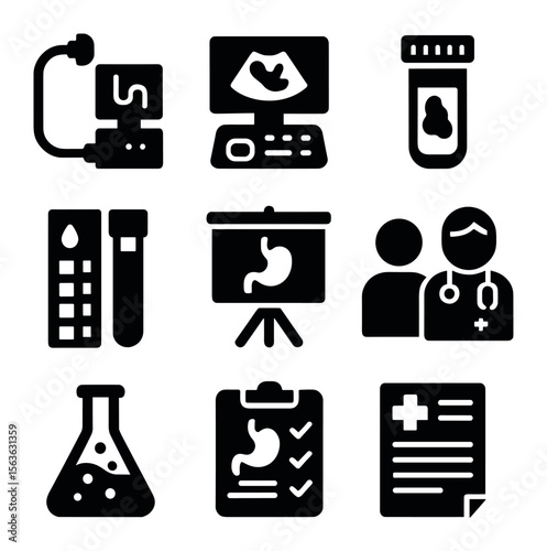 Digestive Health Icons. Solid, filled icons set of digestive health diagnostics: endoscope, ultrasound machine