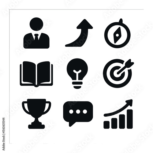 Leadership Icons Grid. Solid, filled icons set of leadership and development: leader figure, upward arrow,