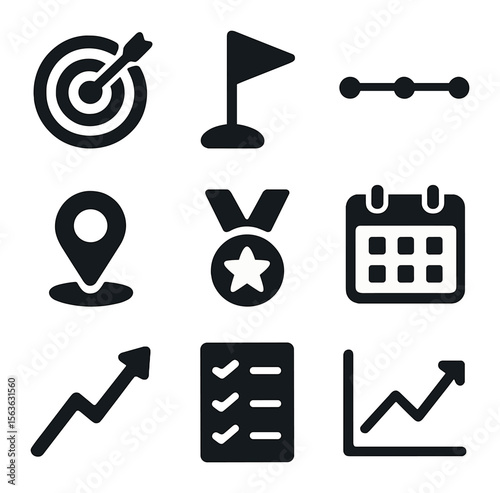 Goal Tracking Icons. Solid, filled icons set of goal setting and tracking: target board, goal flag, timeline