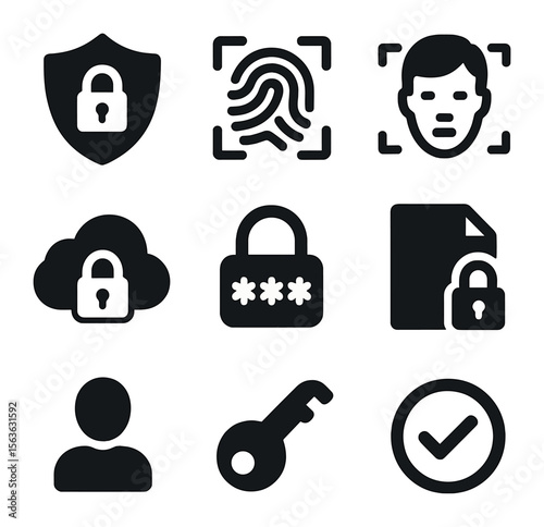 Digital Security Icons. Solid, filled icons set of digital identity protection: shield with lock, fingerprint