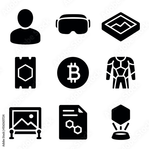 Metaverse Icon Set. Solid, filled icons set of metaverse identity and assets: avatar icon, VR headset, digital