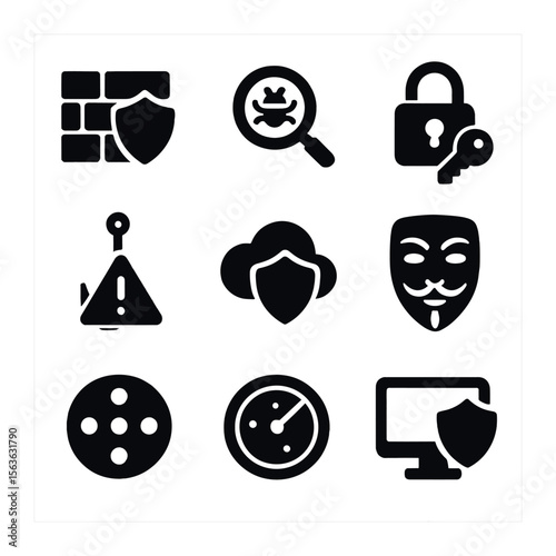 Cybersecurity Icon Set. Solid, filled icons set of cyber security essentials: firewall shield, malware scan,