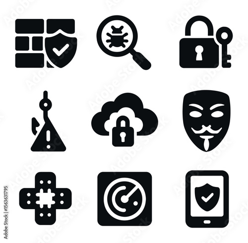 Cybersecurity Icon Set. Solid, filled icons set of cyber security essentials: firewall shield, malware scan,