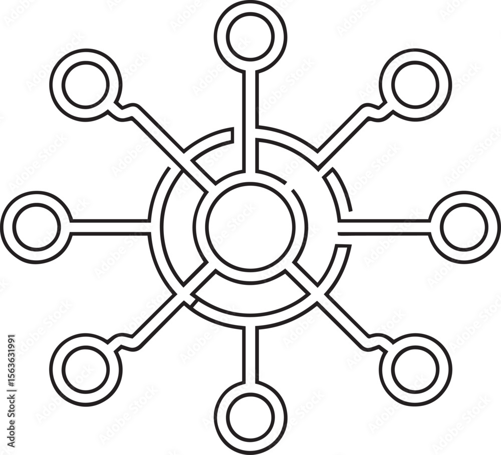 Fototapeta premium Abstract Hub Spoke, Data Hub Symbols, Centralized Node Design, Abstract Tech Icons, Digital Connection, data flow line art
