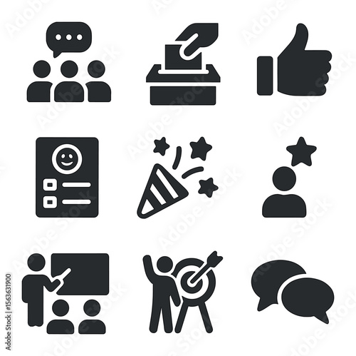 Employee Engagement Icons. Solid, filled icons set of employee engagement in change: group discussion,