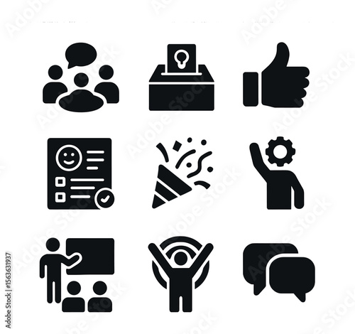 Employee Engagement Icons. Solid, filled icons set of employee engagement in change: group discussion,