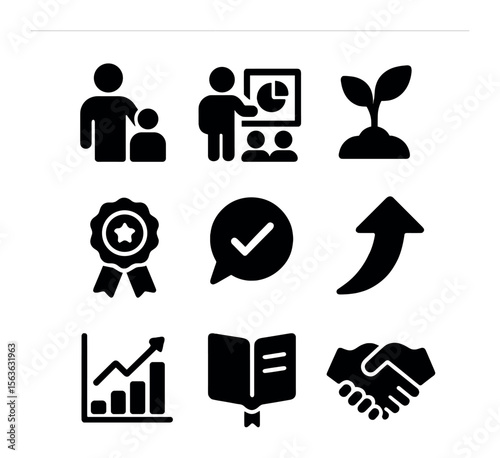 Coaching Icons Grid. Solid, filled icons set of coaching and development: mentor figure, training session,