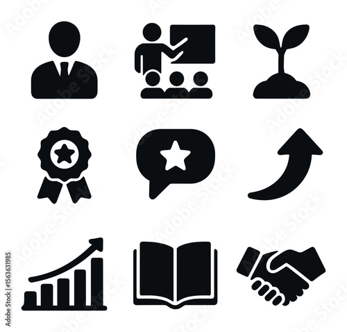 Coaching Icons Grid. Solid, filled icons set of coaching and development: mentor figure, training session,