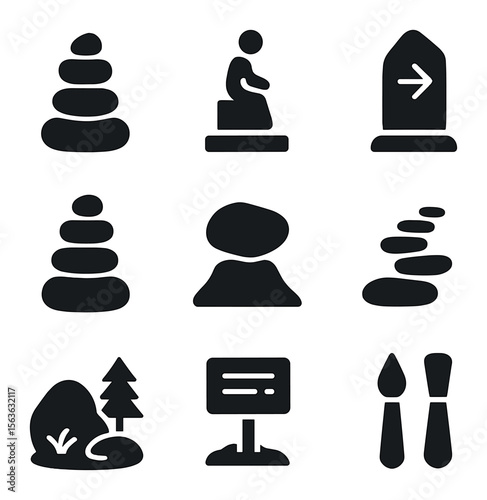 Rock Installation Icons. Solid, filled icons set of outdoor rock installations: garden cairn, park sculpture,