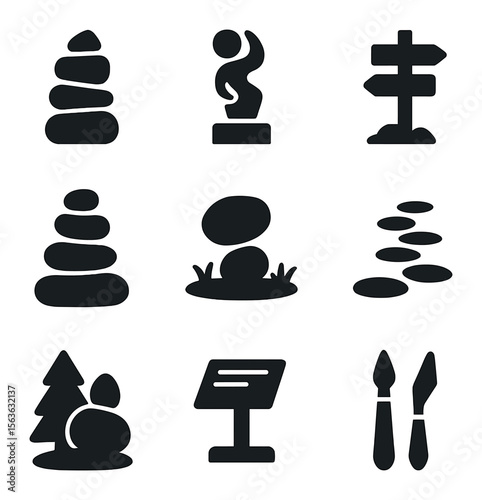 Rock Installation Icons. Solid, filled icons set of outdoor rock installations: garden cairn, park sculpture,