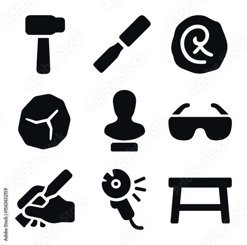 Stone Carving Tool Icons. Solid, filled icons set of stone carving and tools: hammer icon, chisel tip, carved