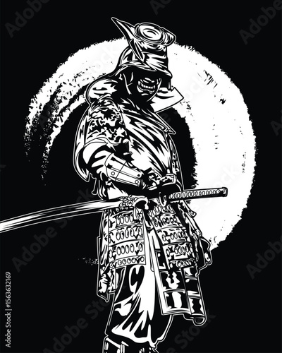 Black and white samurai drawing with sword vector illustration