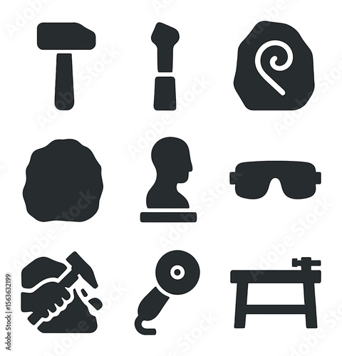 Stone Carving Tool Icons. Solid, filled icons set of stone carving and tools: hammer icon, chisel tip, carved
