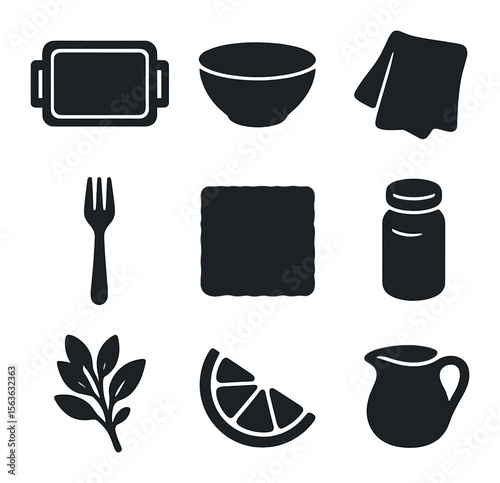 Culinary Icon Set. Solid, filled icons set of culinary styling props: wooden tray, ceramic bowl, linen cloth,