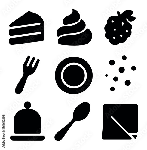 Dessert Icon Grid. Solid, filled icons set of dessert photography styling: cake slice, icing swirl, berry